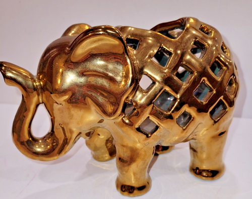 Ceramic Raised Trunk Elephant Tea Light Candle Holder Gold Colored 5.25" Tall