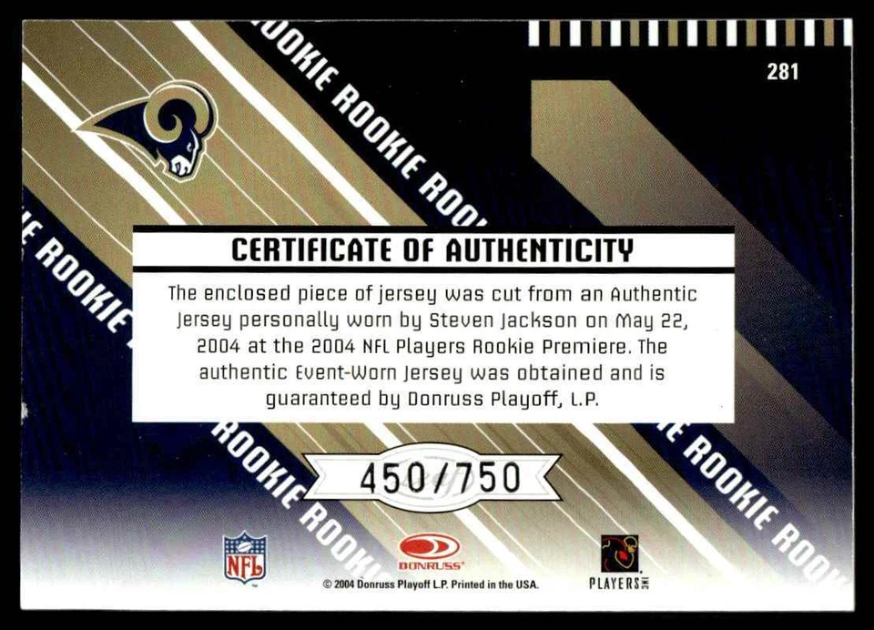 2004 Leaf Rookies & Stars JERSEY Steven Jackson Rookie 450/750 St. Louis Rams - Image 2 of 2