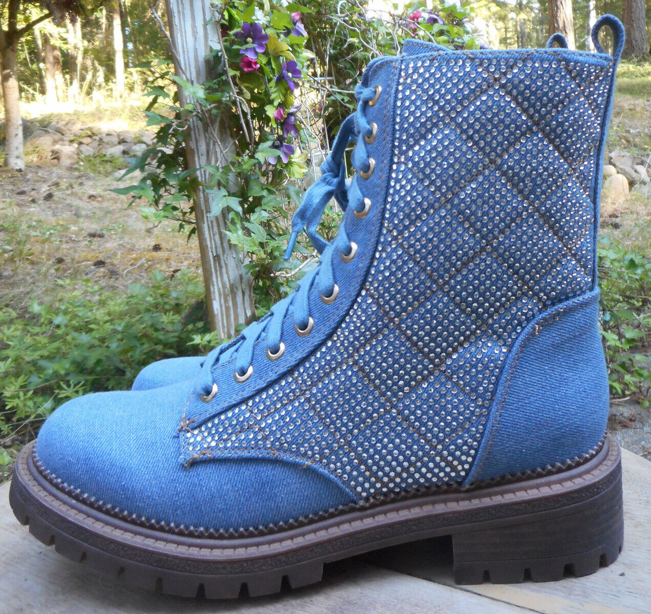 NEW! BEBE Dorienne-C Denim & Crystal Lace-Up Ankle Boots! Size 7 M