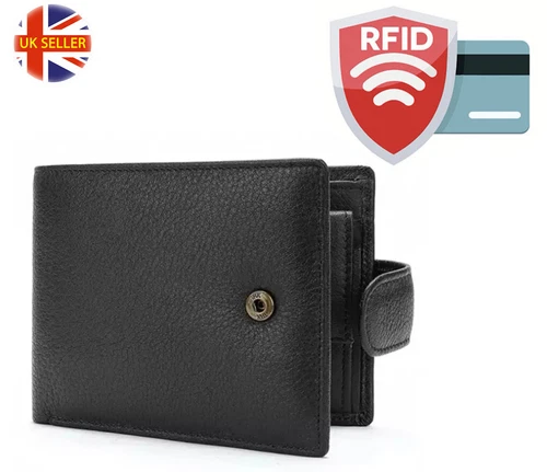 Mens RFID Blocking Soft Smooth Genuine Leather Wallet with a Security buttonOpens in a new window or tab