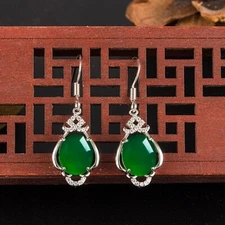 Impressive Retro Ethnic Green Jade & Zircon 925 Sterling Silver Earrings