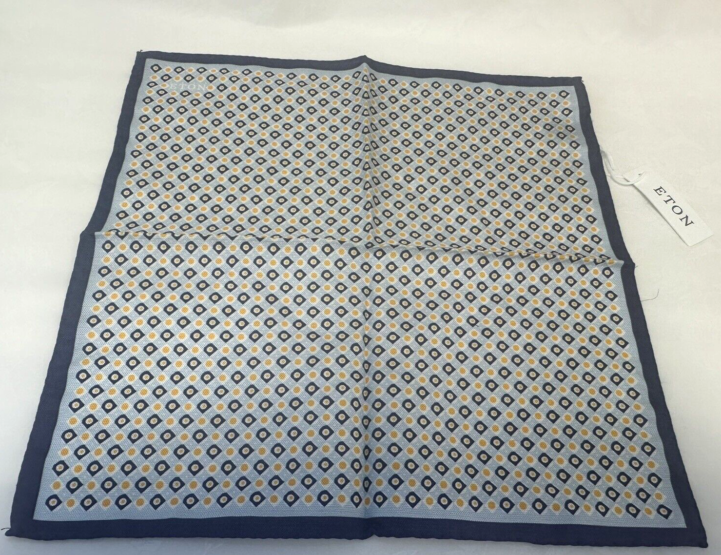 NEW! Eton blue pocket square with navy border and geometric pattern, cotton/silk