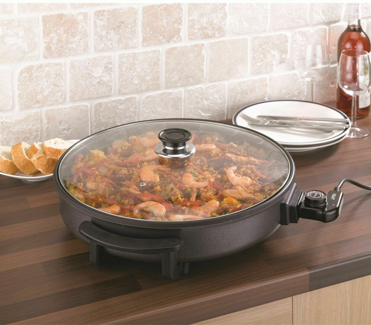 Large Multi Cooker Paella Pizza Electric Frying Pan Glass Lid 1500W  34x36x7cm