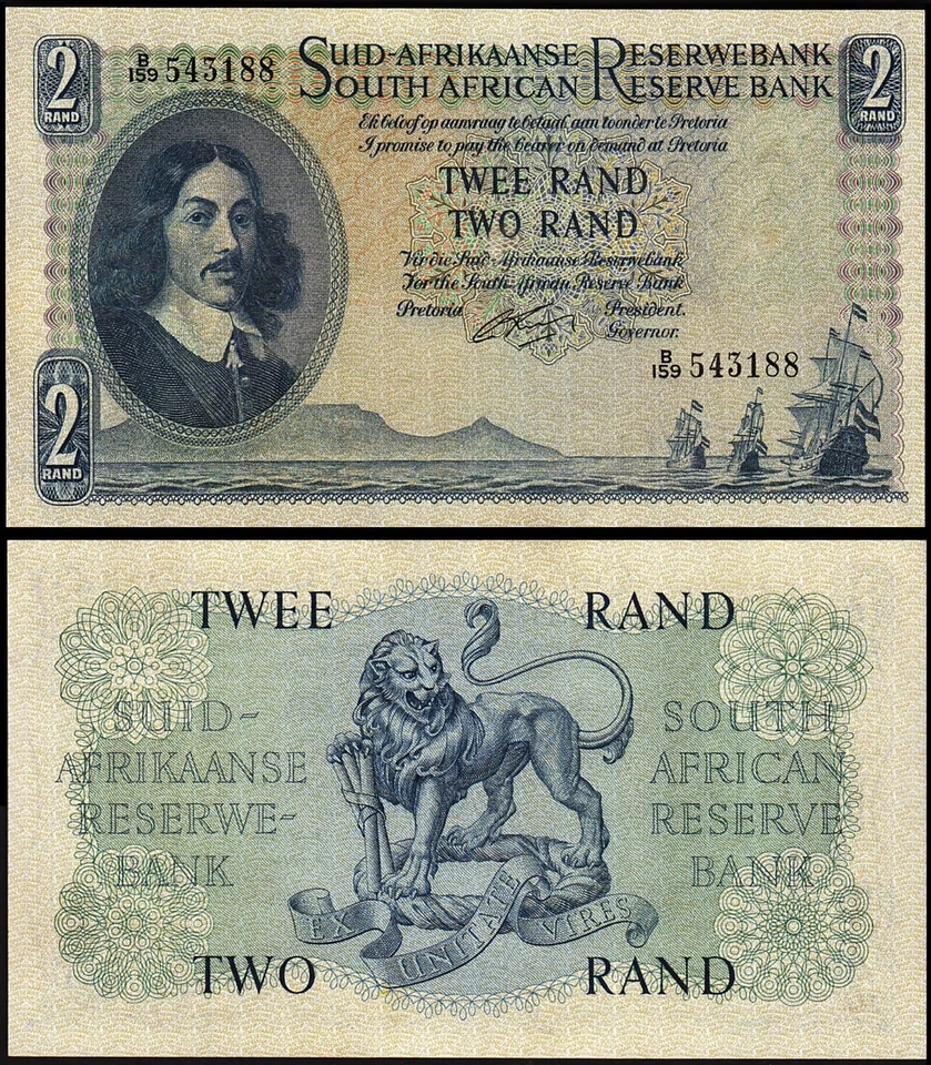 South Africa 2 Rand 1962 1965, UNC, 2 Pcs PAIR, Consecutive, P-105b, Sign 4 - Image 2 of 4