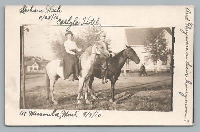  On Their Honeymoon  MISSOULA Montana HORSE RIDING Couple RPPC Photo 1910 