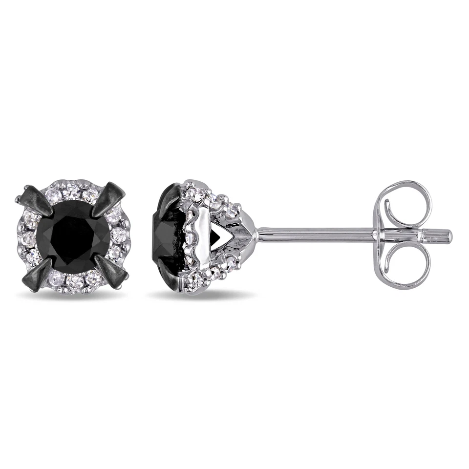 Amour 10k White Gold 1CT TDW Black and White Diamond Halo Earrings
