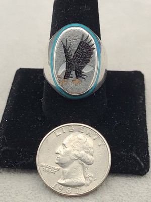 VINTAGE PERCHING EAGLE SILVER INLAY RING by ZUNI ARTIST Jennie EPALOOS Size 11