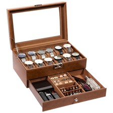 12 Slots Watch Box PU Leather Watch Case Jewelry Storage Display Case Clear Top