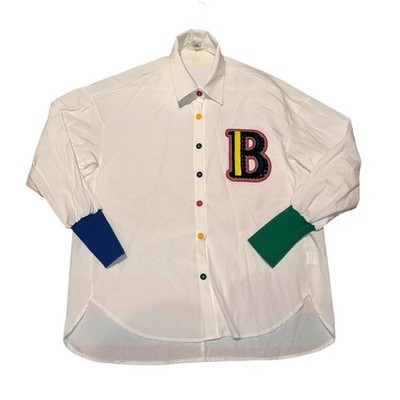 Bella's Attic Boutique The BADDIE Varsity Shirt White Cotton Button Down Large