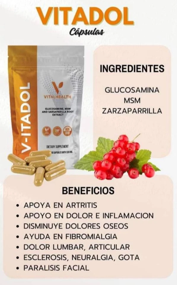V - ITADOL By Vitalhealth 60 cápsulas por bolsa Exp 2027 Extracto de raíz de glucosamina Foto 2 de 4