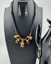 Brown Wood  Inlaid Shell Statement Necklace Earrings Bracelet 3 Set Bohemian