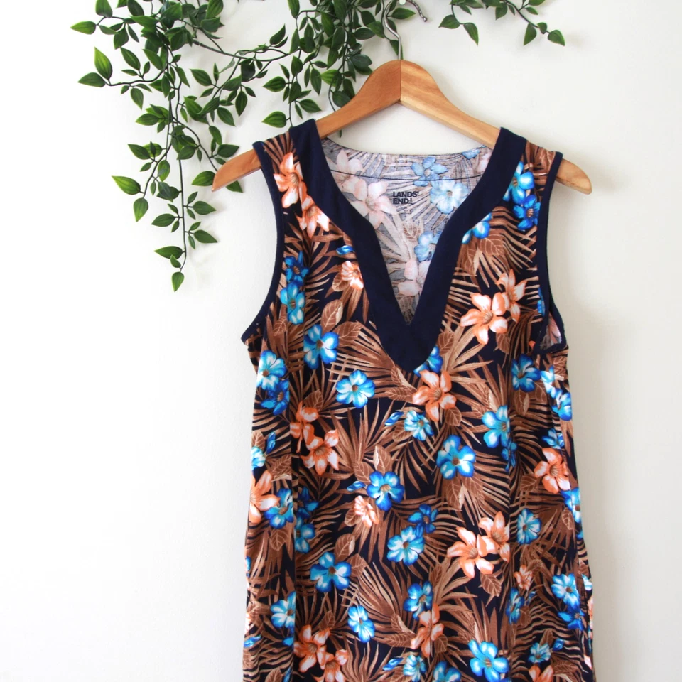 Lands' End женщин синий оранжевый коричневый цветочный без рукавов хлопковое платье размер средний - Изображение 2 из 4
