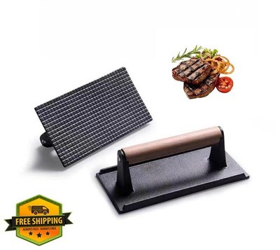 Aunewmei 8'' Cast Iron Bacon Press, Burger Smash Grill Griddle Tool
