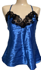 Vtg Large Blue Black Satin Lace Frederick's Of Hollywood Pajama Top Lingerie