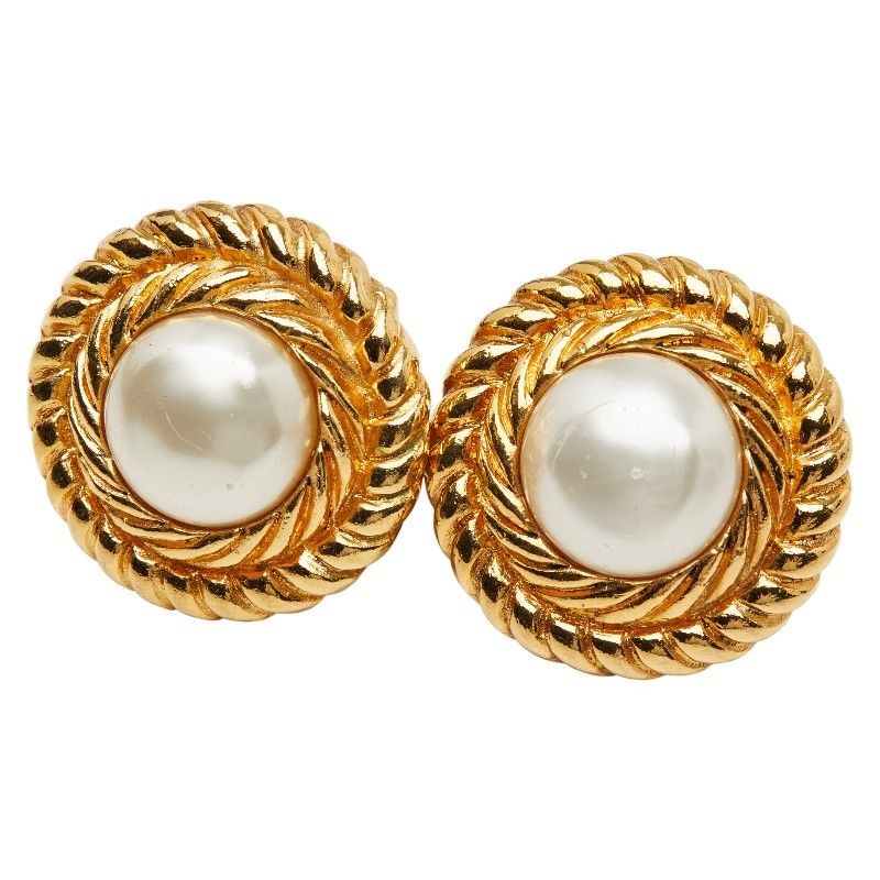 Auth CHANEL Gold Tone Earrings Faux Pearl Women's Gold Metal Authentic