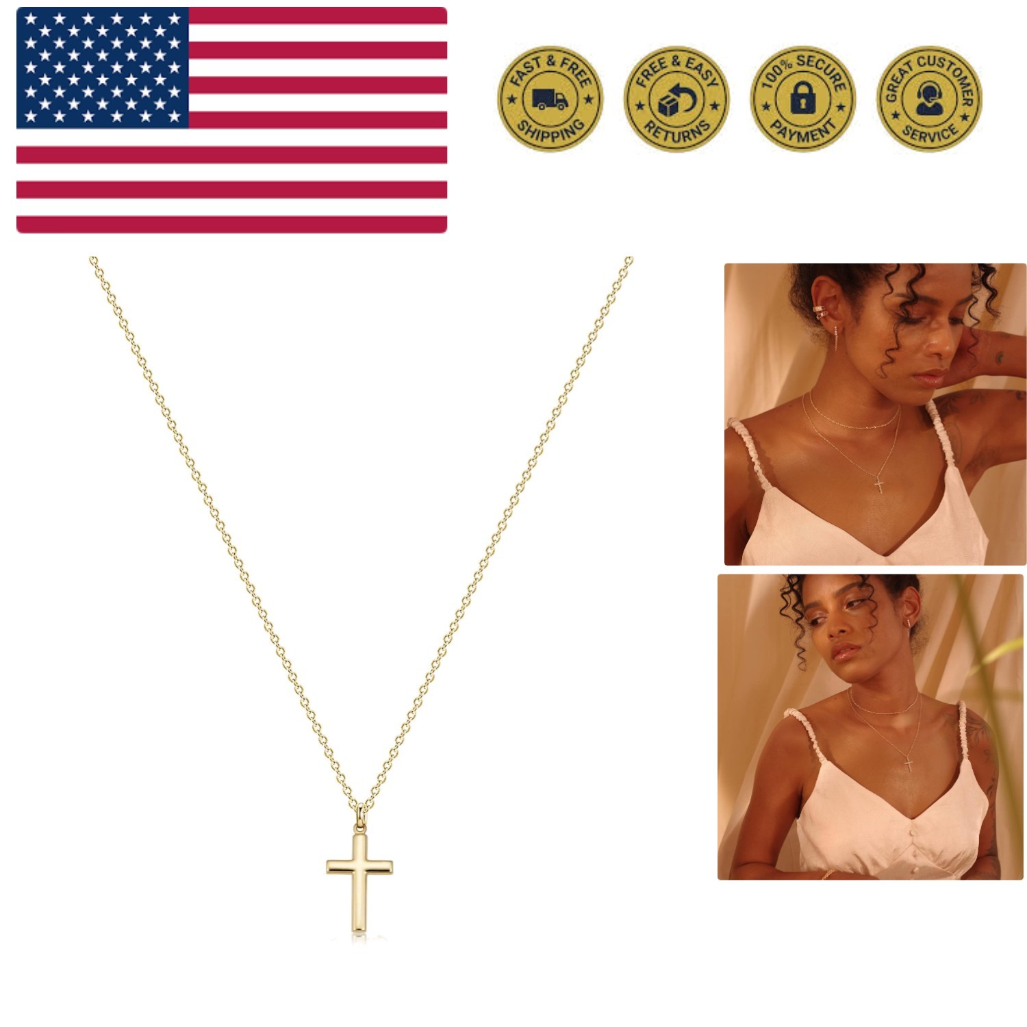 Cross Necklace Faith Pendant 14K Plated Dainty Chain Minimalist Simple Tiny G...