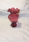 Cranberry Fenton Glass Vase Ruffled Rim Paneled Footed 9" tall signed