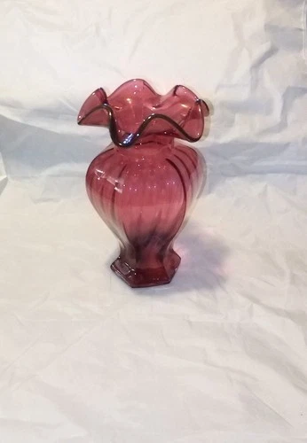 Cranberry Fenton Glass Vase Ruffled Rim Paneled Footed 9" tall signed