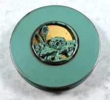 Vintage 40's Jadite Green Enamel & Brass Shadow Box Design Powder Compact 3"
