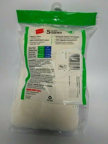 Hanes Boys' Toddler 5-Pack White Tagless Tanktop 2T- 3T wicking cool comfort - Picture 3 of 3