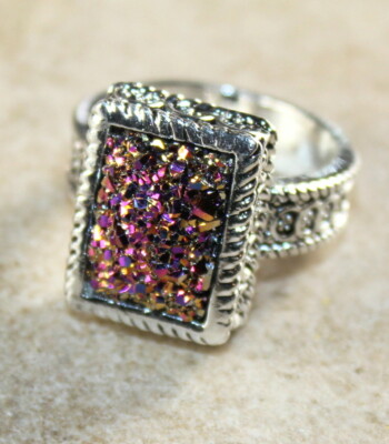 SILVER Elegant Purple Golden Rainbow Titanium Druzy Rectangular Ring, WR11009