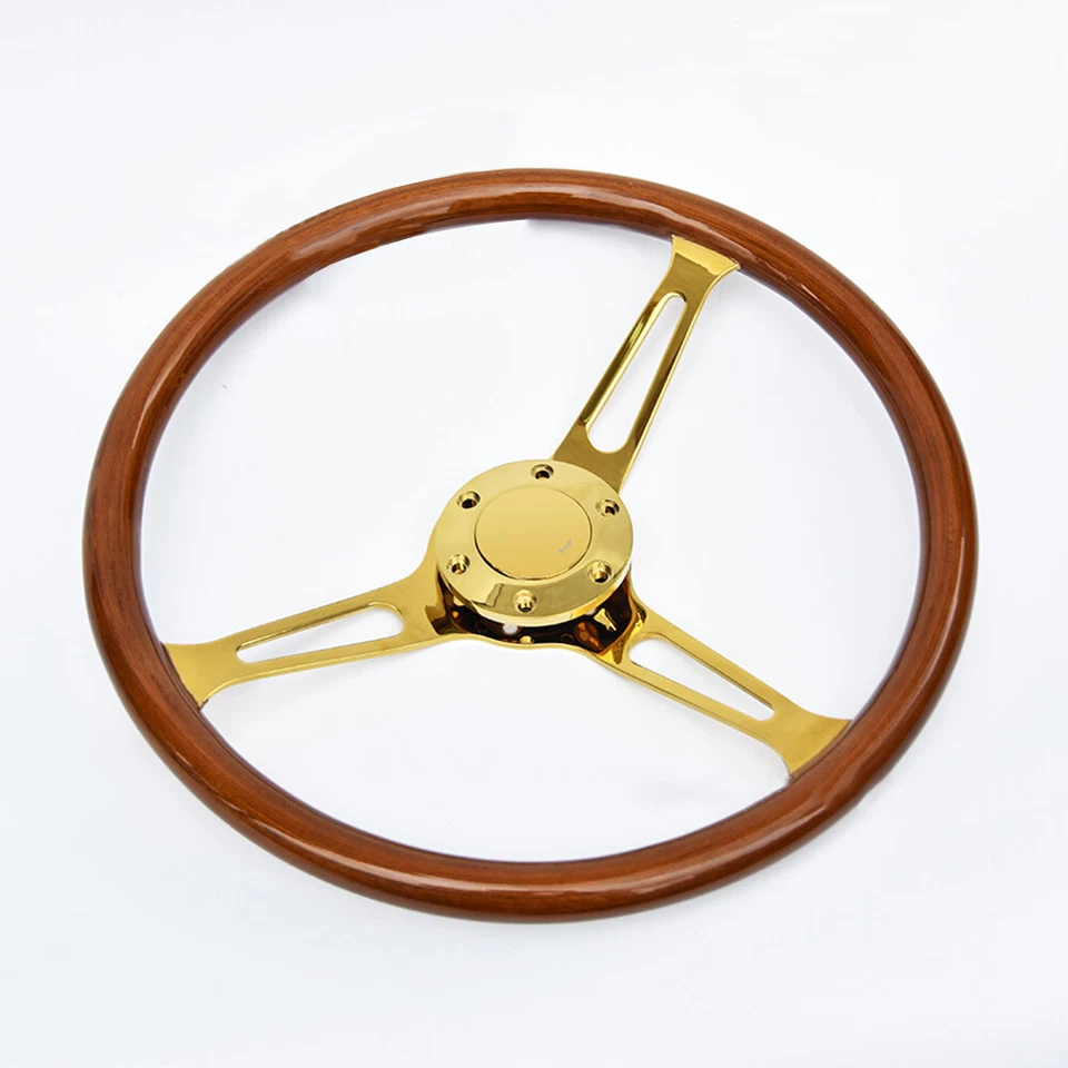 Volante de madeira 15" 6 parafusos para carro caminhão 3 raios clássico com botão de buzina - Imagem 3 de 4