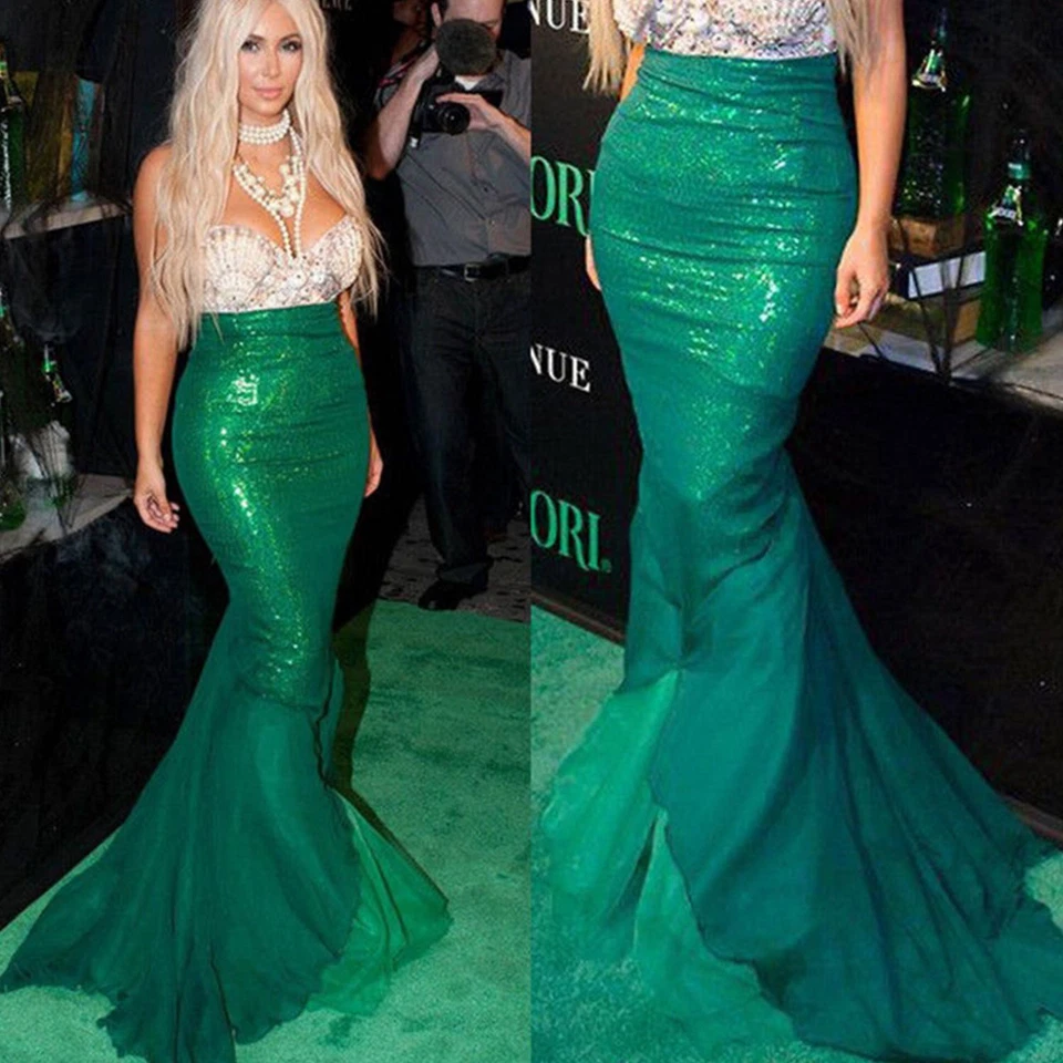 Falda Sirena Lentejuelas-Long Verde Halloween Juegos con disfraces Mujeres Disfraz Faldas Moda Foto 2 de 4
