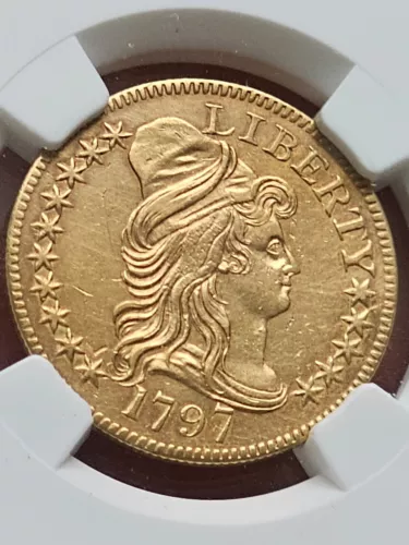 1797 DRAPED BUST 5.00 15 STAR SMALL EAGLE, NGC AU DETAILS BD-1, R.4 VERY RARE!