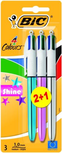 BIC 4 Multi Colour Shine Ballpoint Pen Blue Green Pink Silver Purple 3 Pack - Picture 1 of 2