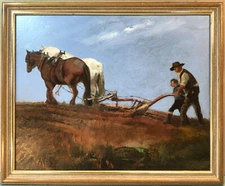 Ploughing Circa 1960s Unsigned Framed Oil Painting