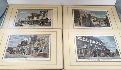 Vintage set of 4 old English inns cork back placemats colonial decor the bell