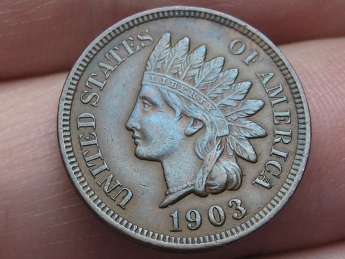 1903 Indian Head Cent Penny, AU Details, Nearly 4 Diamonds