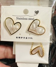 Stainless steel Matching White Heart Earrings, Adjustable Necklace Set