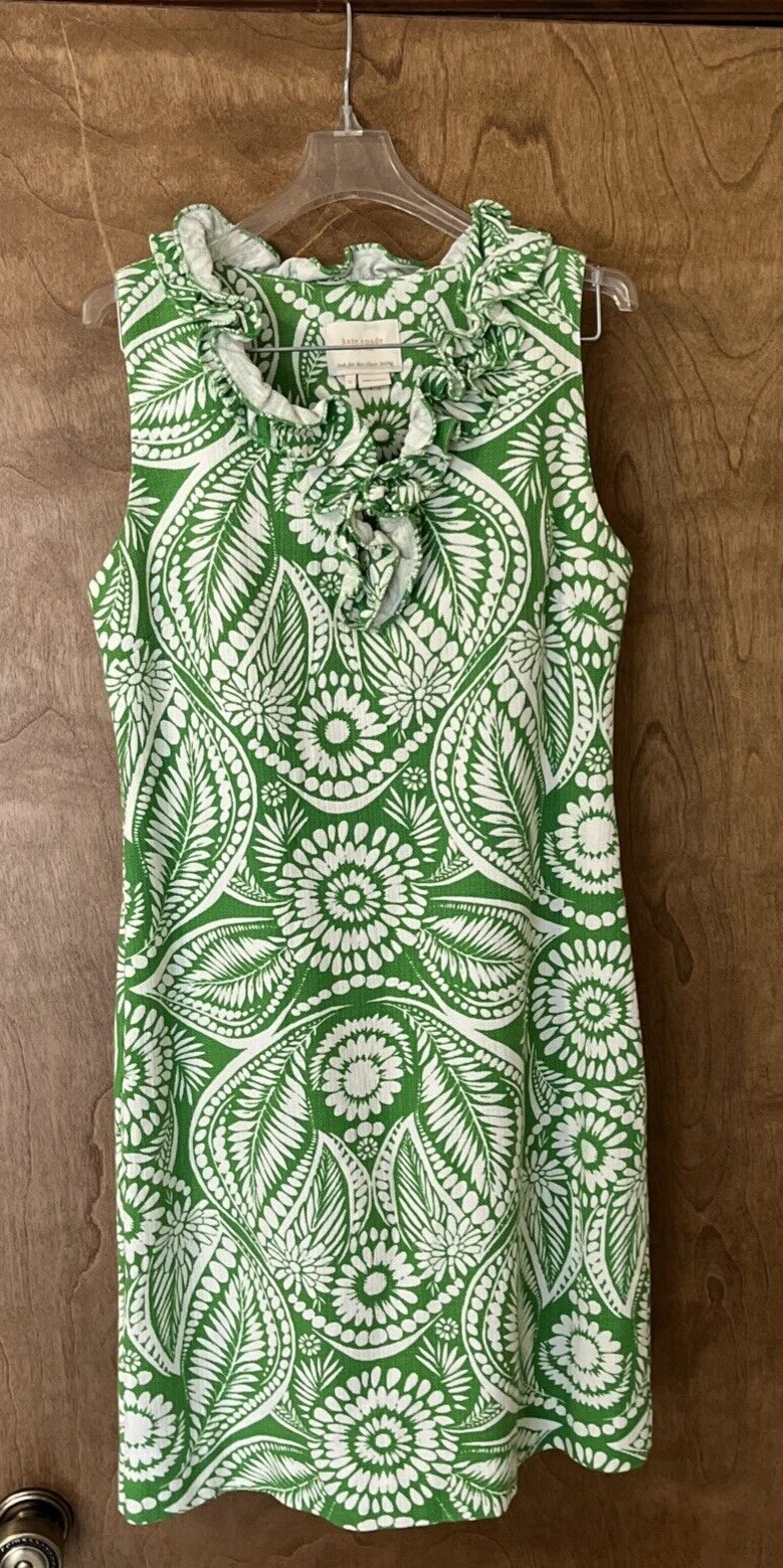 Abito tubino botanico verde e bianco KATE SPADE collo arricciato senza maniche taglia S