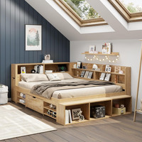 Double Storage Bed Frame !SALE! 4FT6 Bookcase Drawers Shelves Cupboard Natural