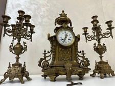 Antiguo Juego de Reloj y Candelabro Francés 8 Días Bronce Ornamentado Luis XV Manto Rococó