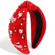 Red Valentine's Day Knotted Bow Heart Rhinestone Pearl Headband Accessory