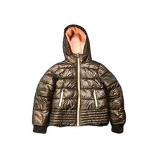 MICHAEL KORS YOUTH SZ. 10/12 GIRLS PINK BLACK HOODED PUFFER JACKET ZIP Spellout
