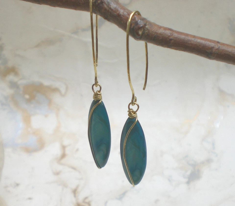 Lange Perlmutt Messing Ohrringe, oval Ohrhänger Blattform handmade, o974 - Bild 4 von 4