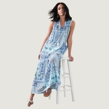 Chico's Blue Tile Print Peasant Maxi Dress Sz Large VNeck Tassel Tie