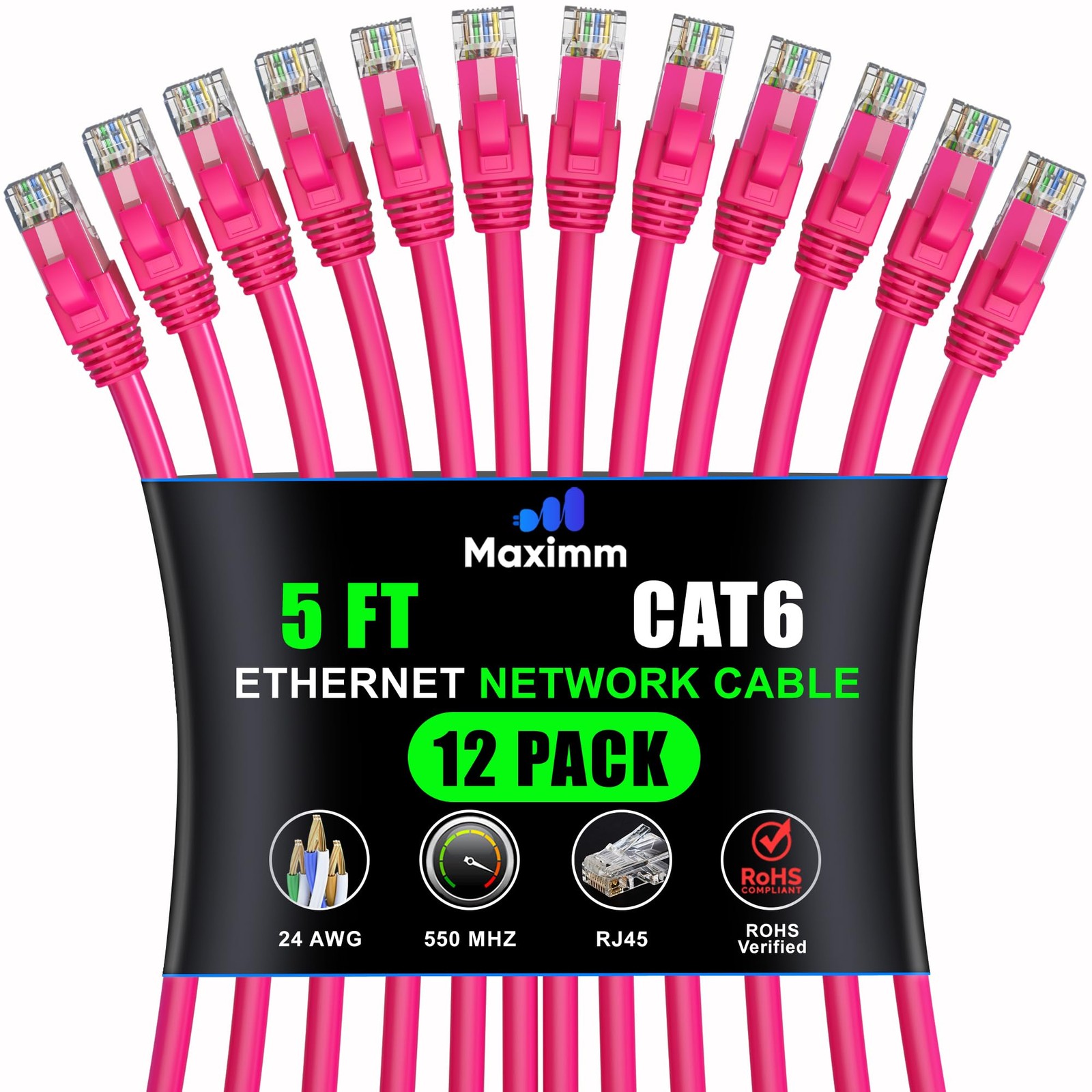 Pink Cat6 Ethernet Cable 5 ft 12-Pack High-Speed LAN Network Cord-image