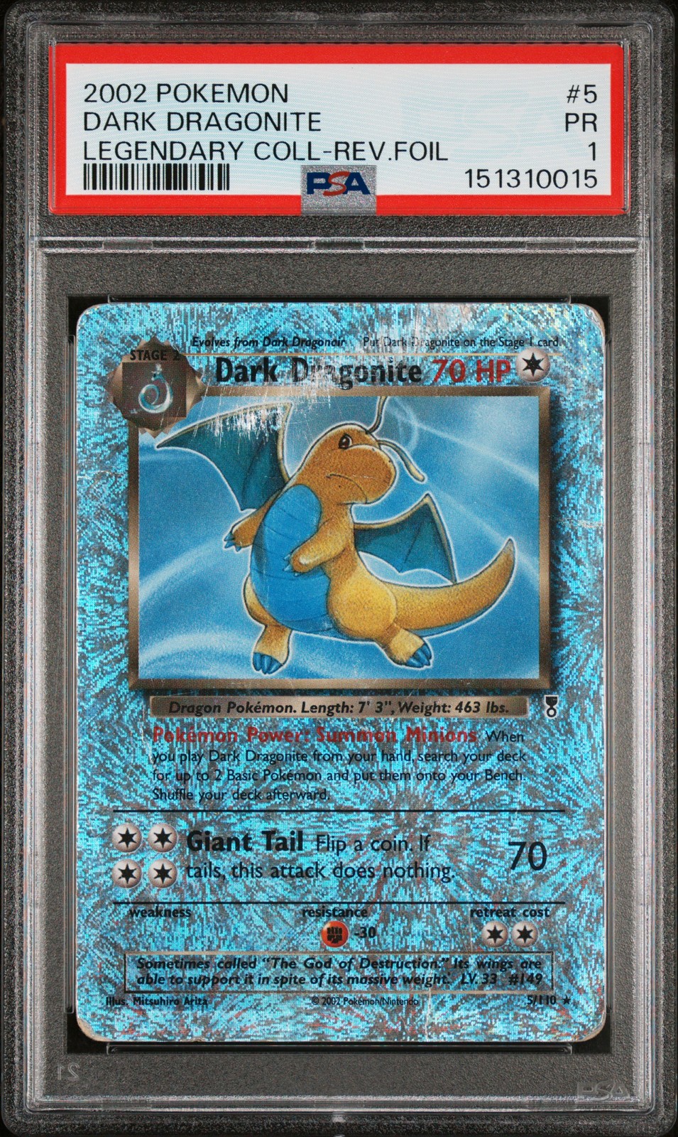 2002 POKEMON LEGENDARY COLLECTION #5 DARK DRAGONITE-REVERSE FOIL PSA 1