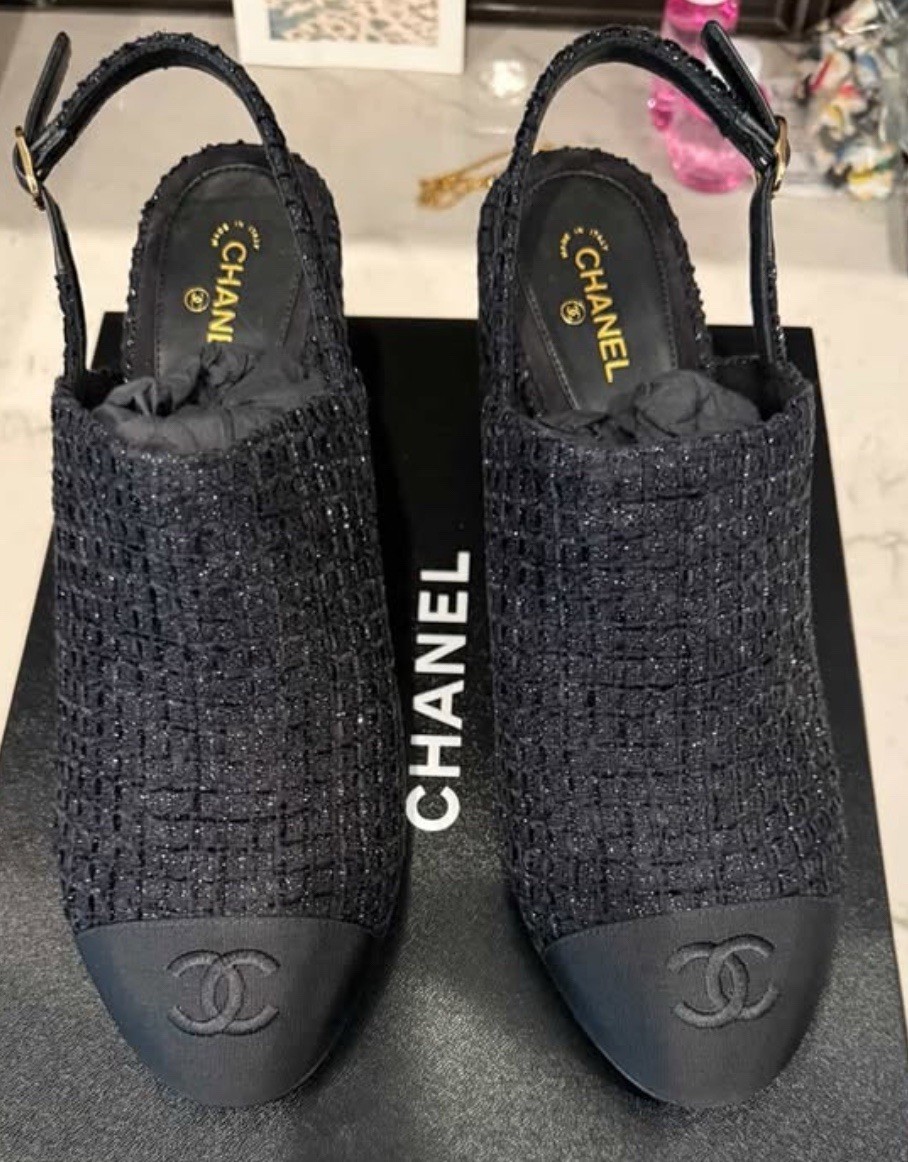CHANEL Tweed CC Logo Block heel Slingback Mules Shoes thumbnail 2