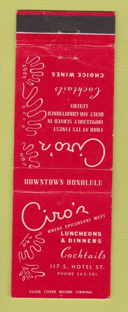 Matchbook Cover - Ciro's Restaurant Honolulu Hawaii