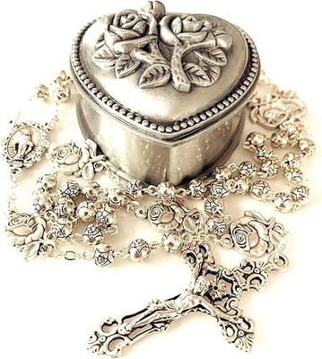 HANDMADE 925 Silver Rose Beads Catholic 5-Decade Rosary w Cross Gift Box Italy