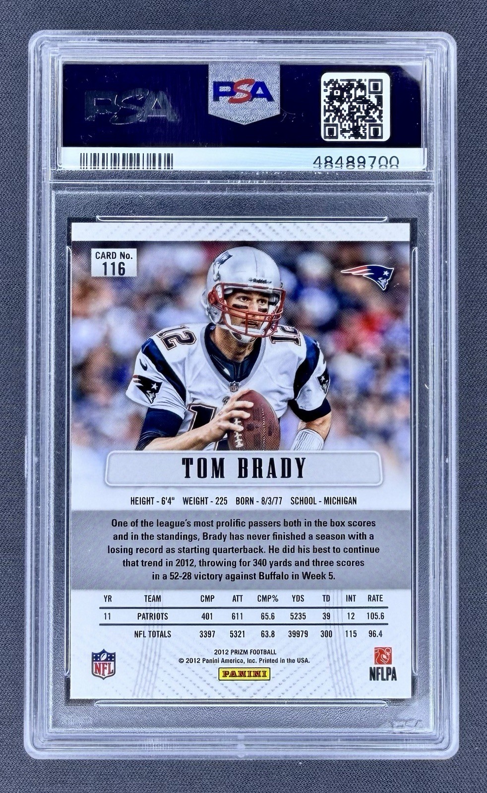 2012 Panini Prizm #116 Tom Brady FIRST PRIZM YEAR PSA 9 MINT view 2
