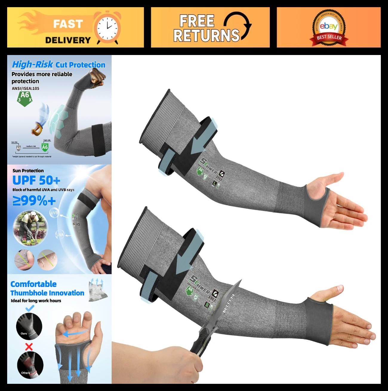 Cut Resistant Arm Sleeves for Men & Women - UPF50+ UV Protection, Lightweight Co