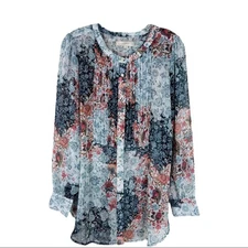 Loft blue red floral chiffon pleated boho semi sheer button top  medium