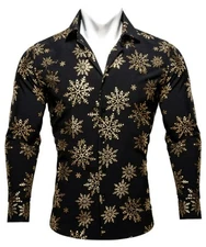 Barry Wang Red Long Sleeve Button Up Shirt Men's Gold Snowflake Print