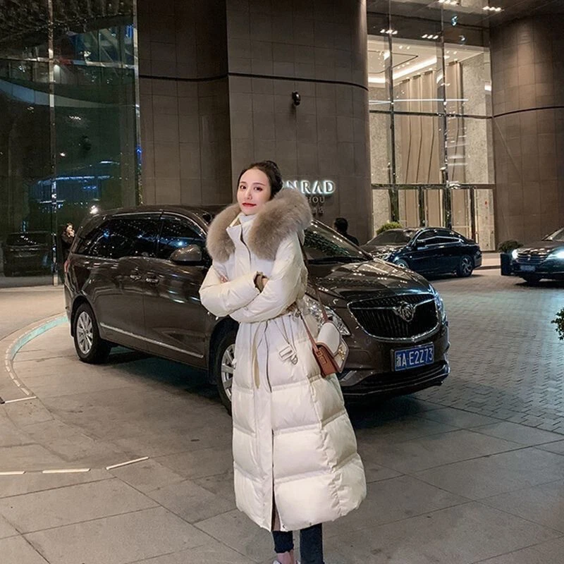 New Real Fox Fur Collar Down Jacket Women Slim Waist Long White Duck Down Jacket - Image 4 of 4